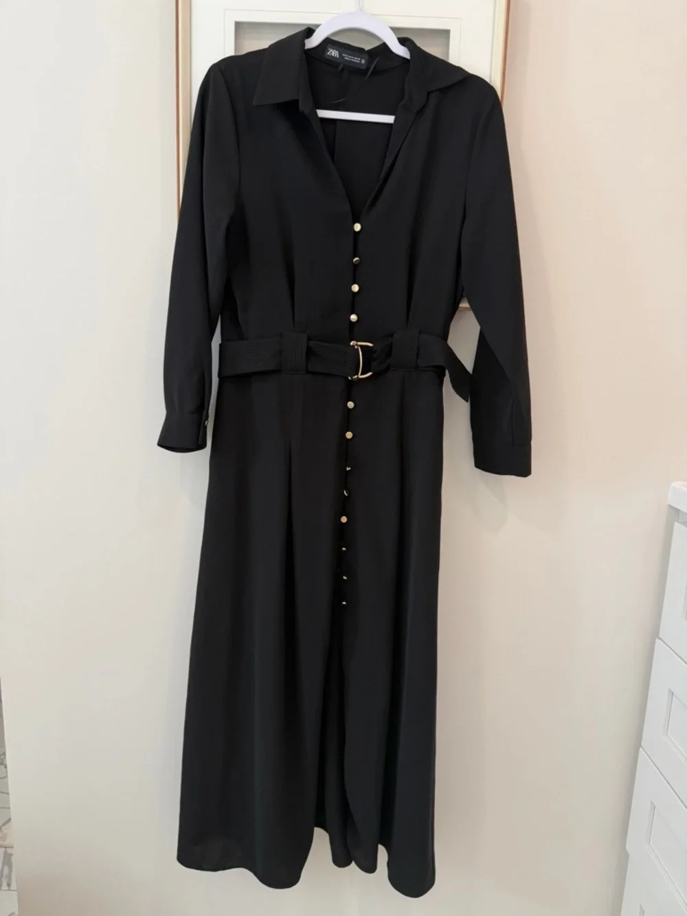 ZARA Black Long-Sleeve Button Midi Shirt Dress with Belt - Picture 4 of 5